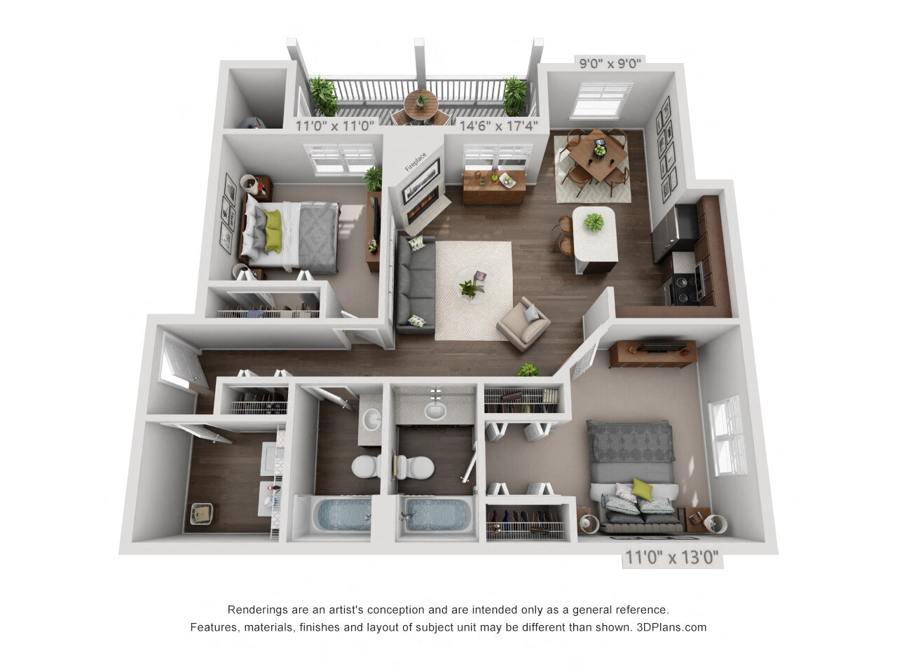 Floor plan for 2 beds, 2 baths, 1082 sqft